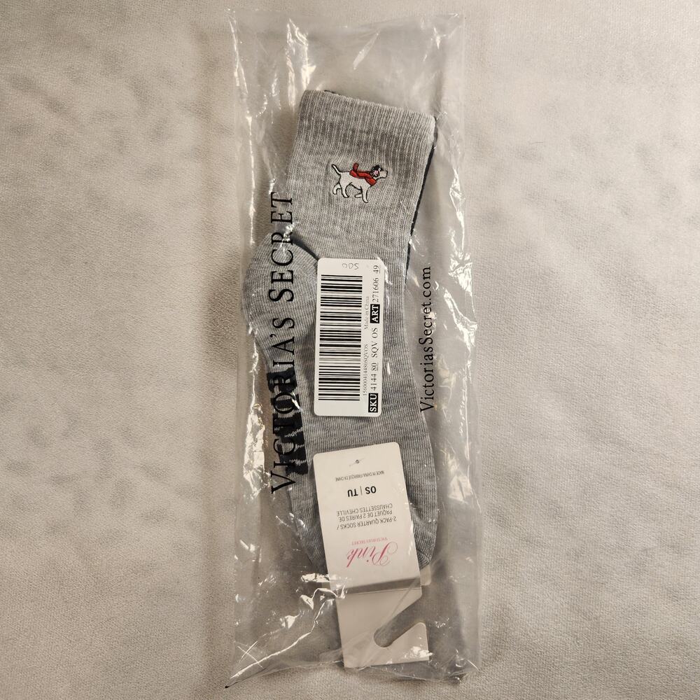 Victoria's Secret PINK Black Gray Winter Pup Christmas Holiday Gift Socks 2 Pair